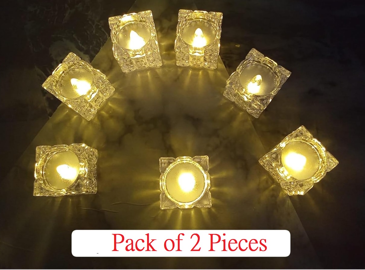 Creative Square Block Shape Warm White Lighting LED Candle Flameless & Smokeless Battery-Operated Fancy Crystal Tealights Diya for Home Decor, Diwali, Christmas, Festival, Party 